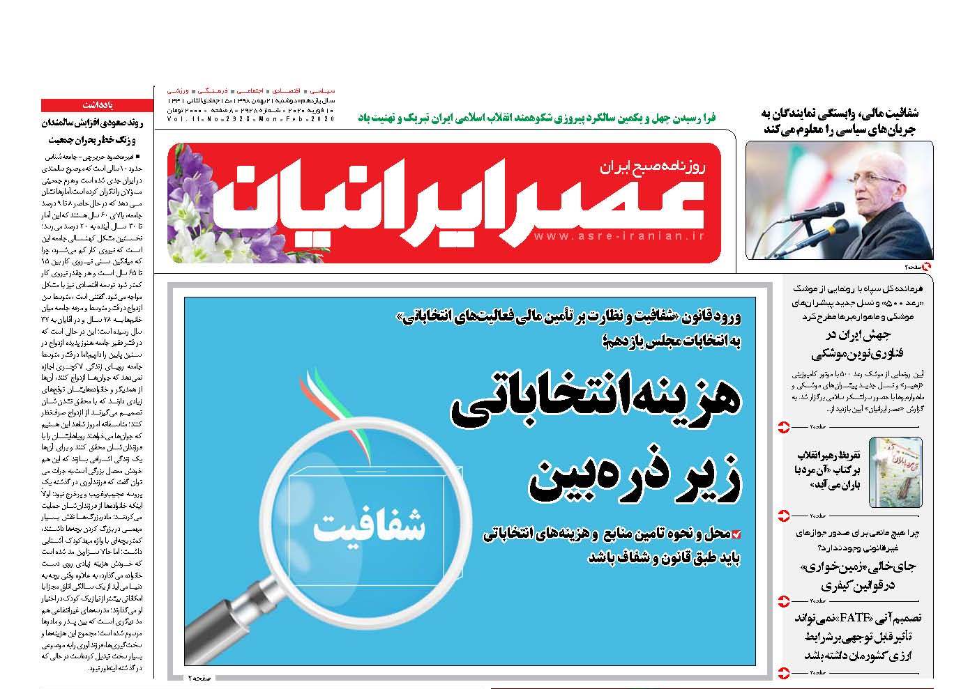 صفحه نخست روزنامه‌های دوشنبه ۲۱ بهمن