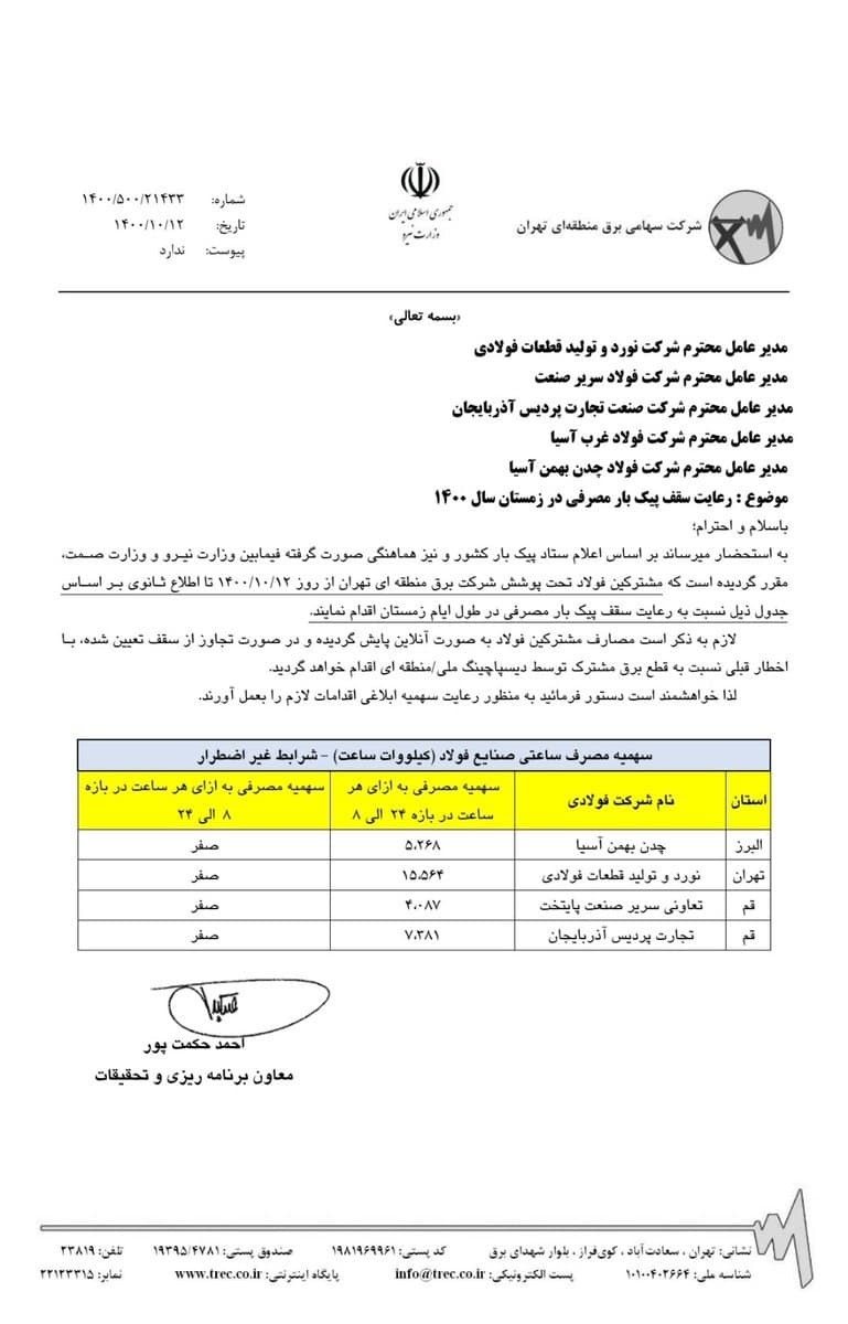 سهمیه بندی برق صنایع فولاد