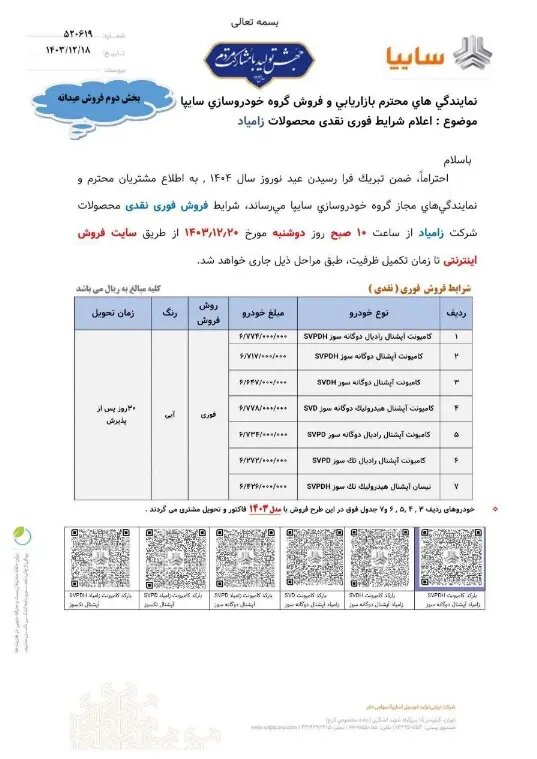 فروش بزرگ نوروزی ۷ خودرو سایپا با قیمت کارخانه + جدول